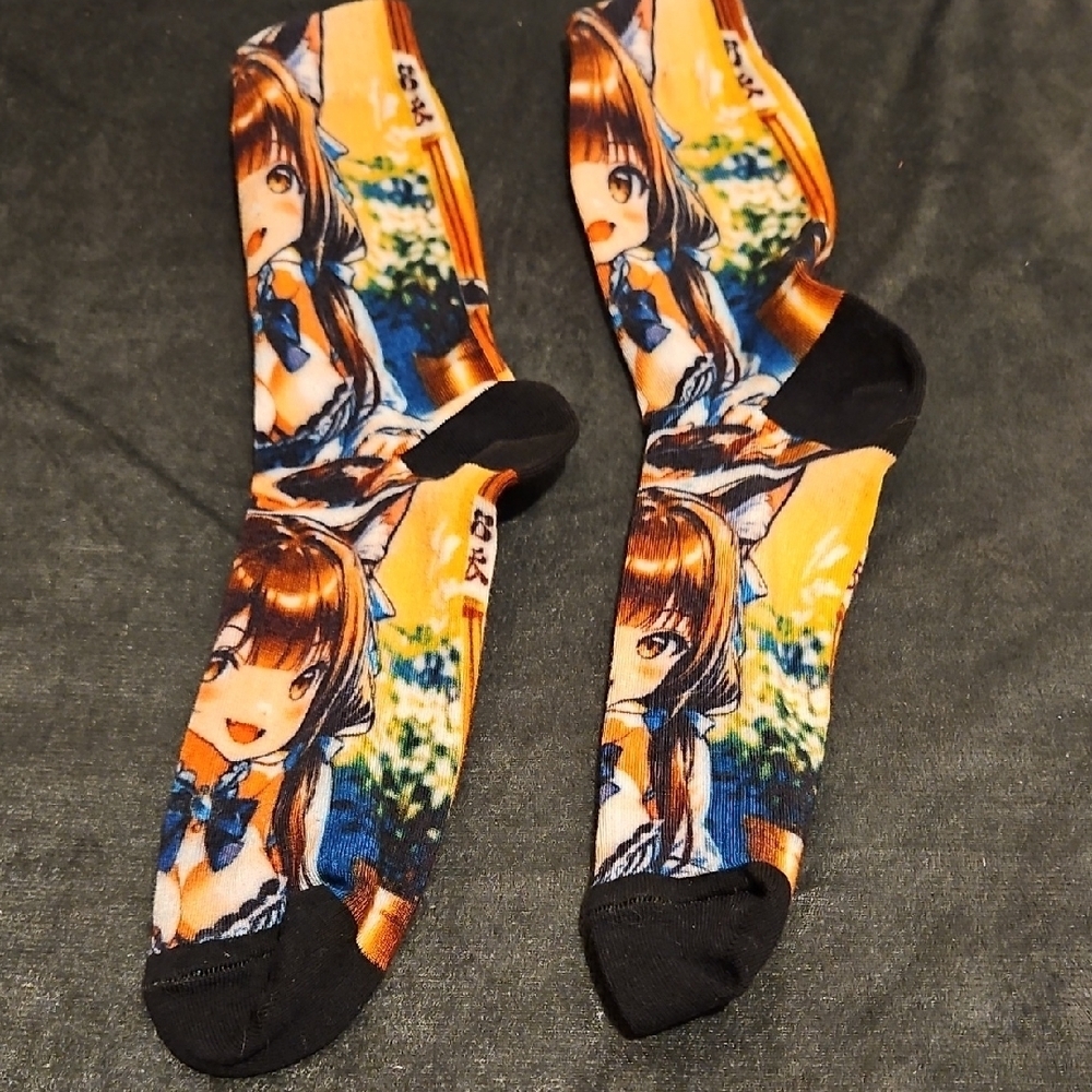 Anime Girl Graphic Crew Socks Novelty Manga Print Unisex Sz. M
